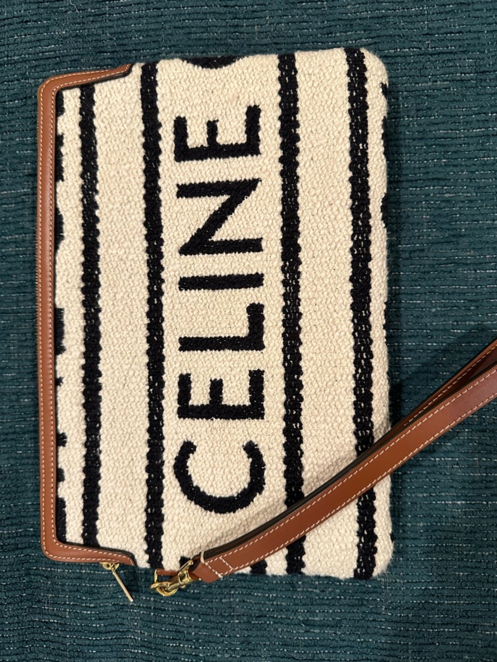 Celine Black and Cream Striped Canvas Wristlet with Tan Trim - Picture 12 of 17